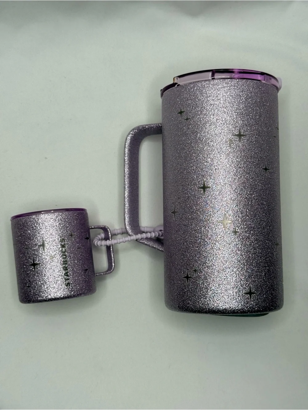 NWT Starbucks Purple Glitter Galaxy Tumbler 660ml Set with Mini Mug Keyring